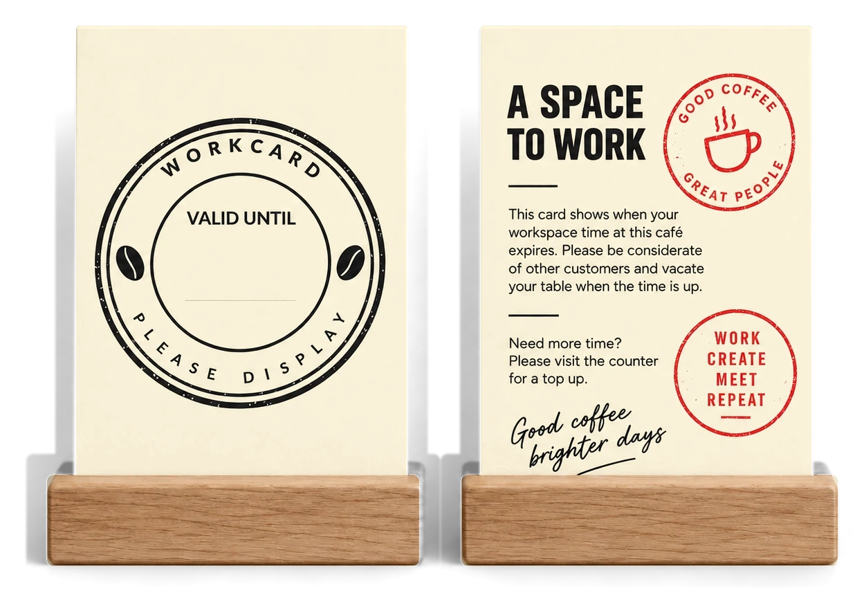 The front and back of the WorkCard standing side by side, each in its own wooden stand