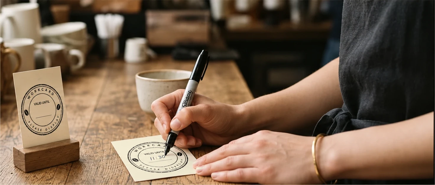 A barista at the café counter writing a time on the front of a WorkCard, with another WorkCard standing in a wooden holder alongside